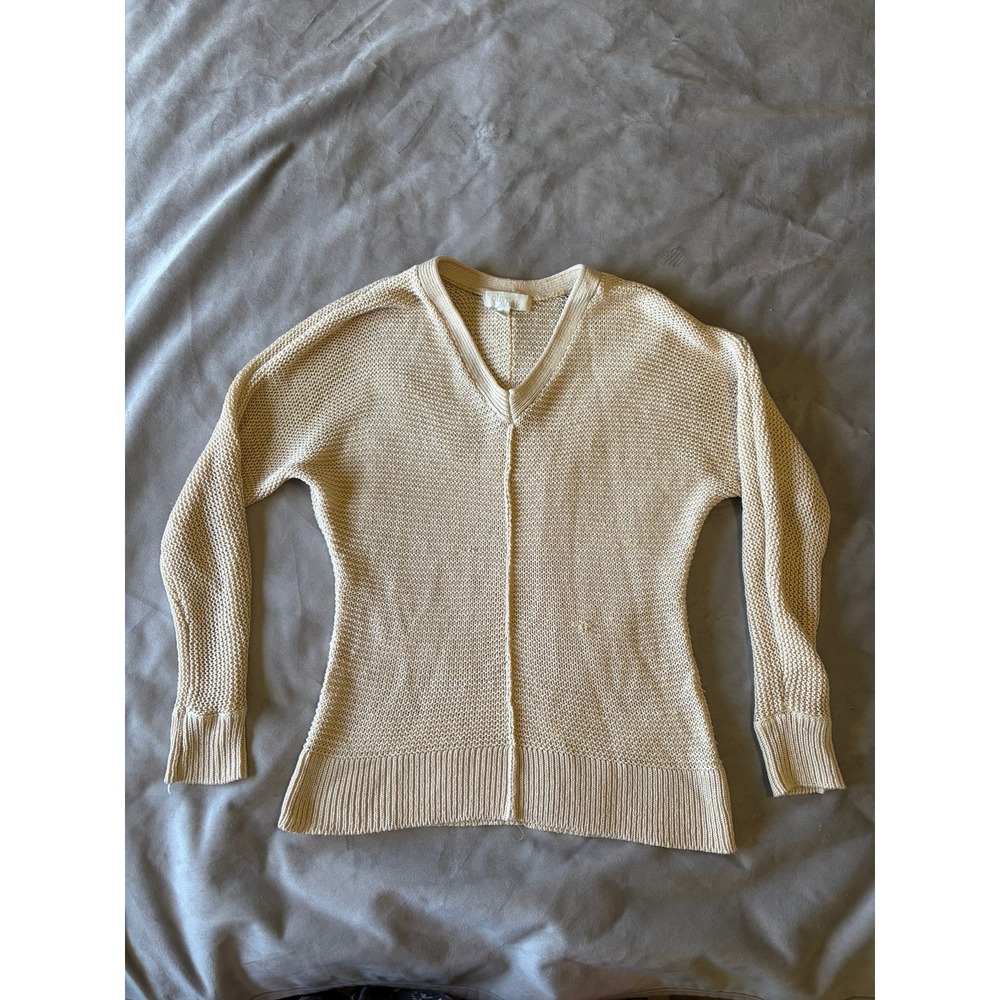 Olive & Oak Womens V-Neck Textured Knit Sweater Beige Exposed Seam Small